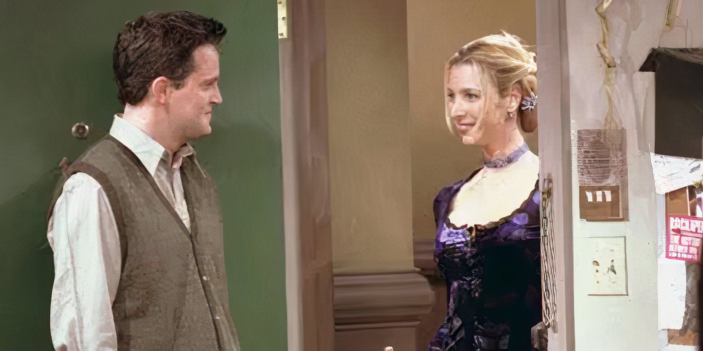Chandler letting Phoebe into his apartment and smiling in the Friends season 5 episode "The One Where Everybody Finds Out."