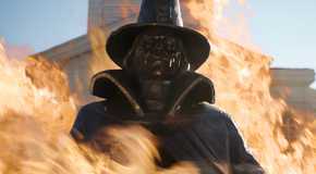 A statue of a puritan Jacob Crackstone wreathed in flame from Netflix's Wednesday