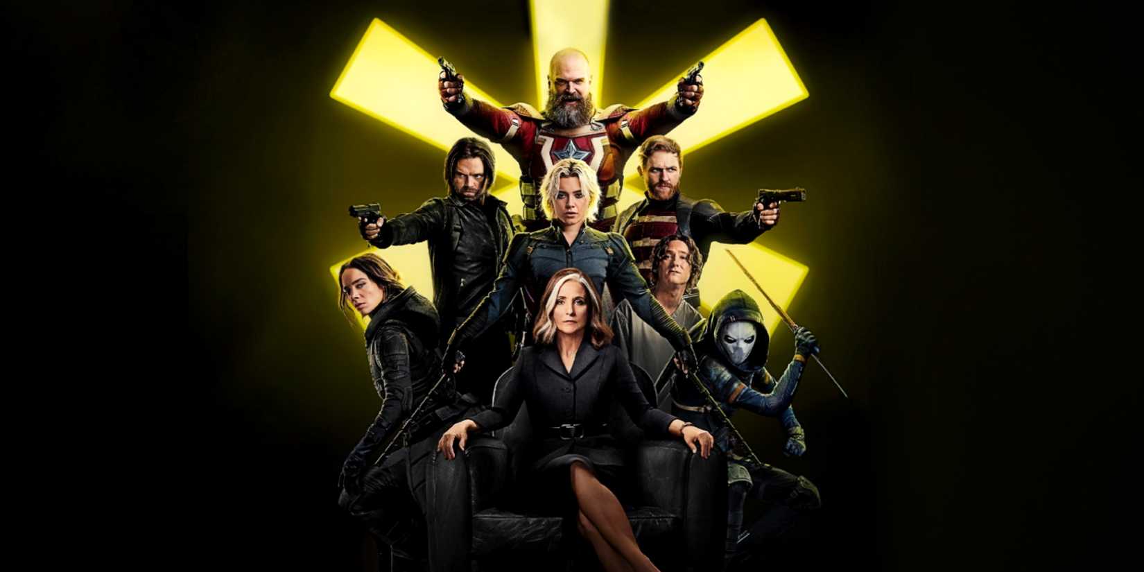 Val and the New Avengers pose together in front of the Thunderbolts asterisk