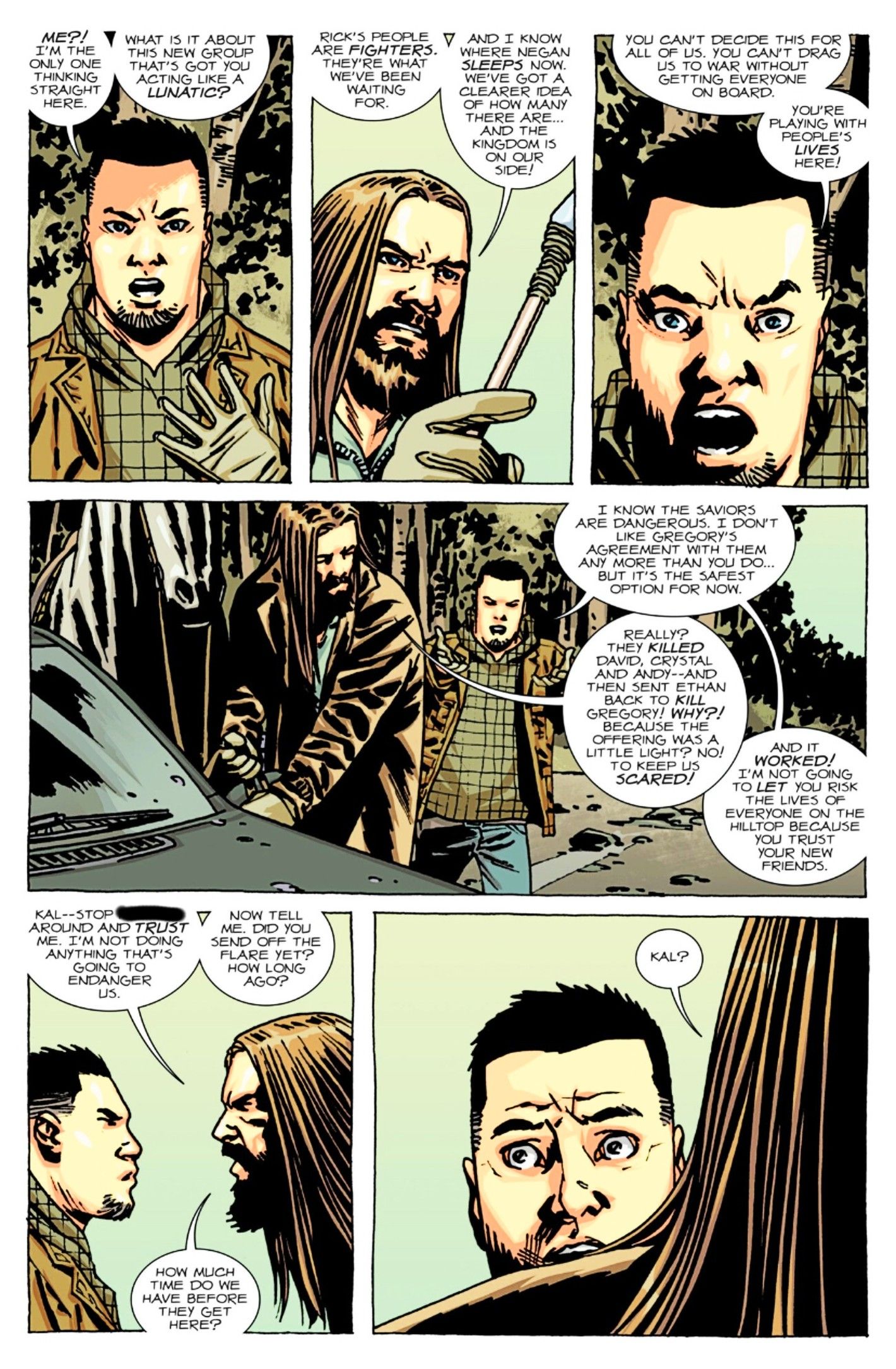 Walking Dead Deluxe #110, la larga escena del diálogo termina con Kal viendo algo impactante fuera de panel