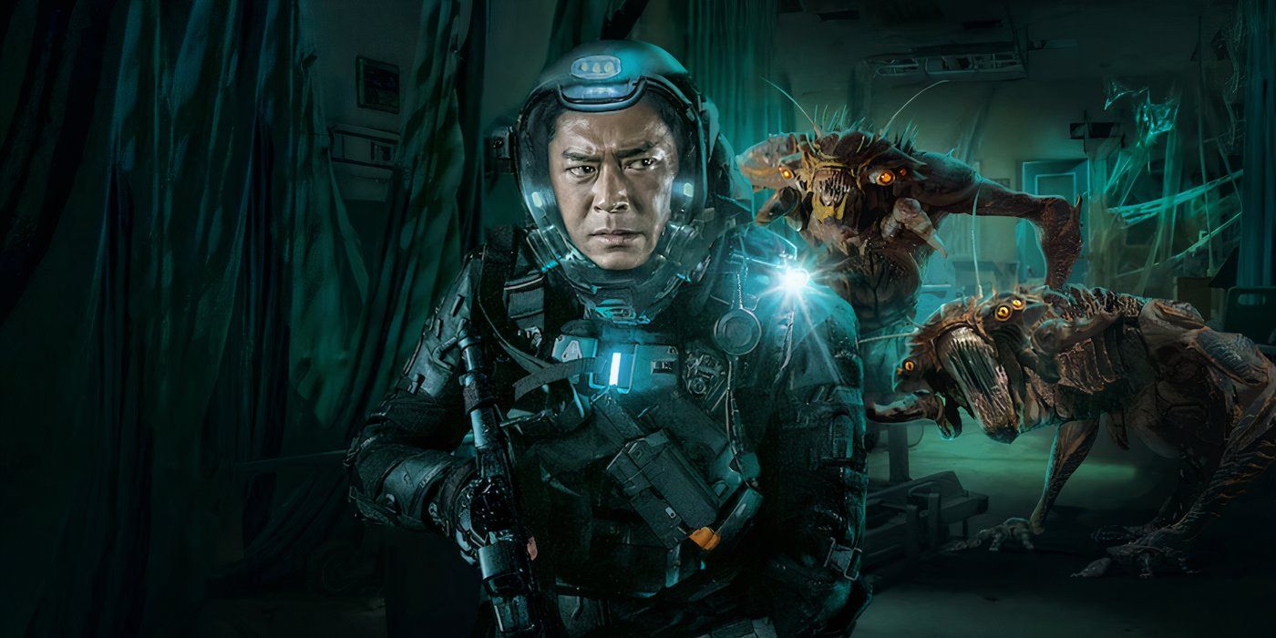 A soldier holds a gun while looking back at aliens who are stalking him in Warriors of Future