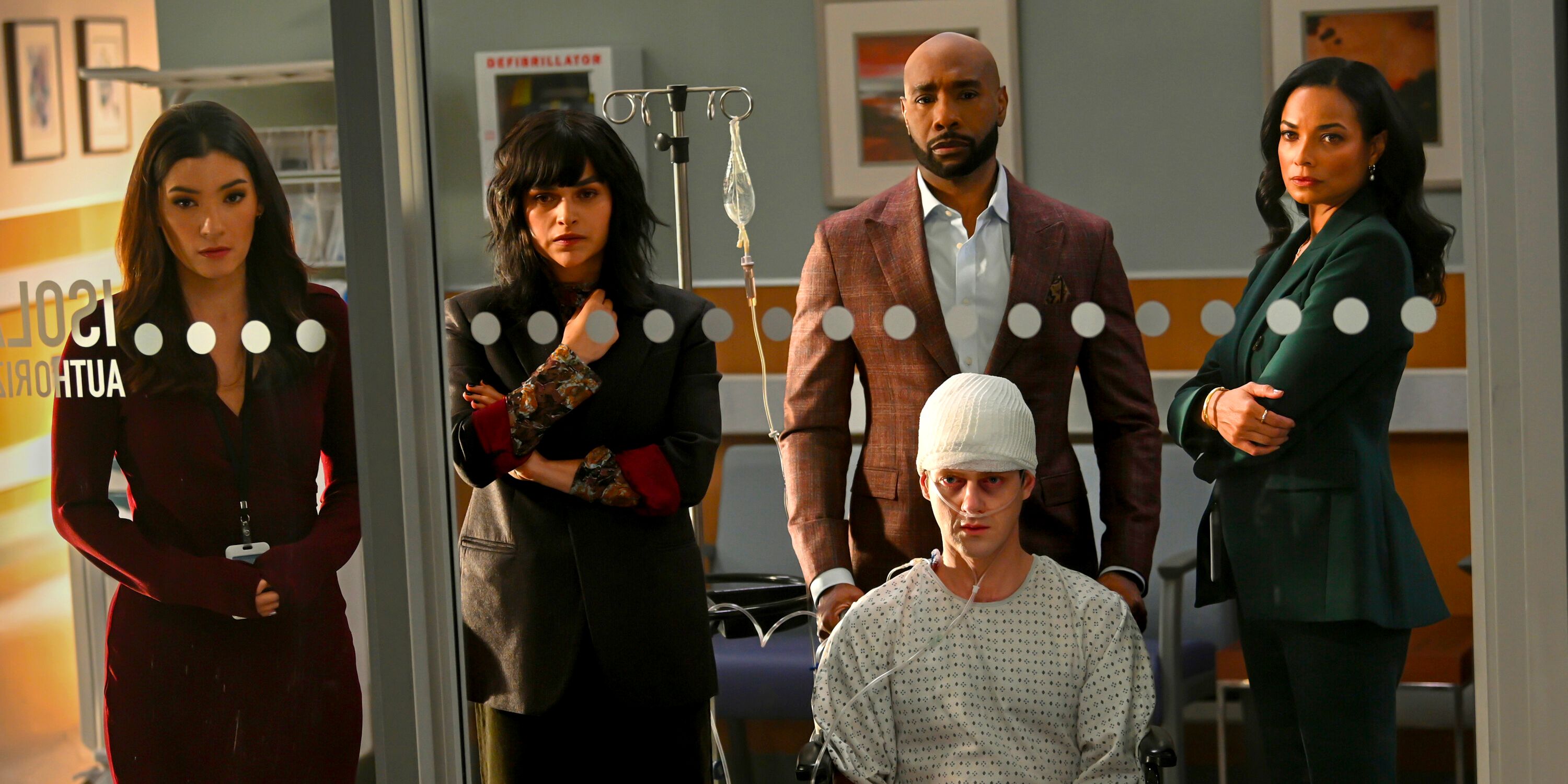Inga Schlingmann as Dr. Sasha Lubbock, Eve Harlow as Dr. Ingrid Derian, Morris Chestnut as Dr. John Watson, Peter Mark Kendall as Dr. Adam Croft, and Rochelle Aytes as Dr. Mary Morstan in the Watson finale