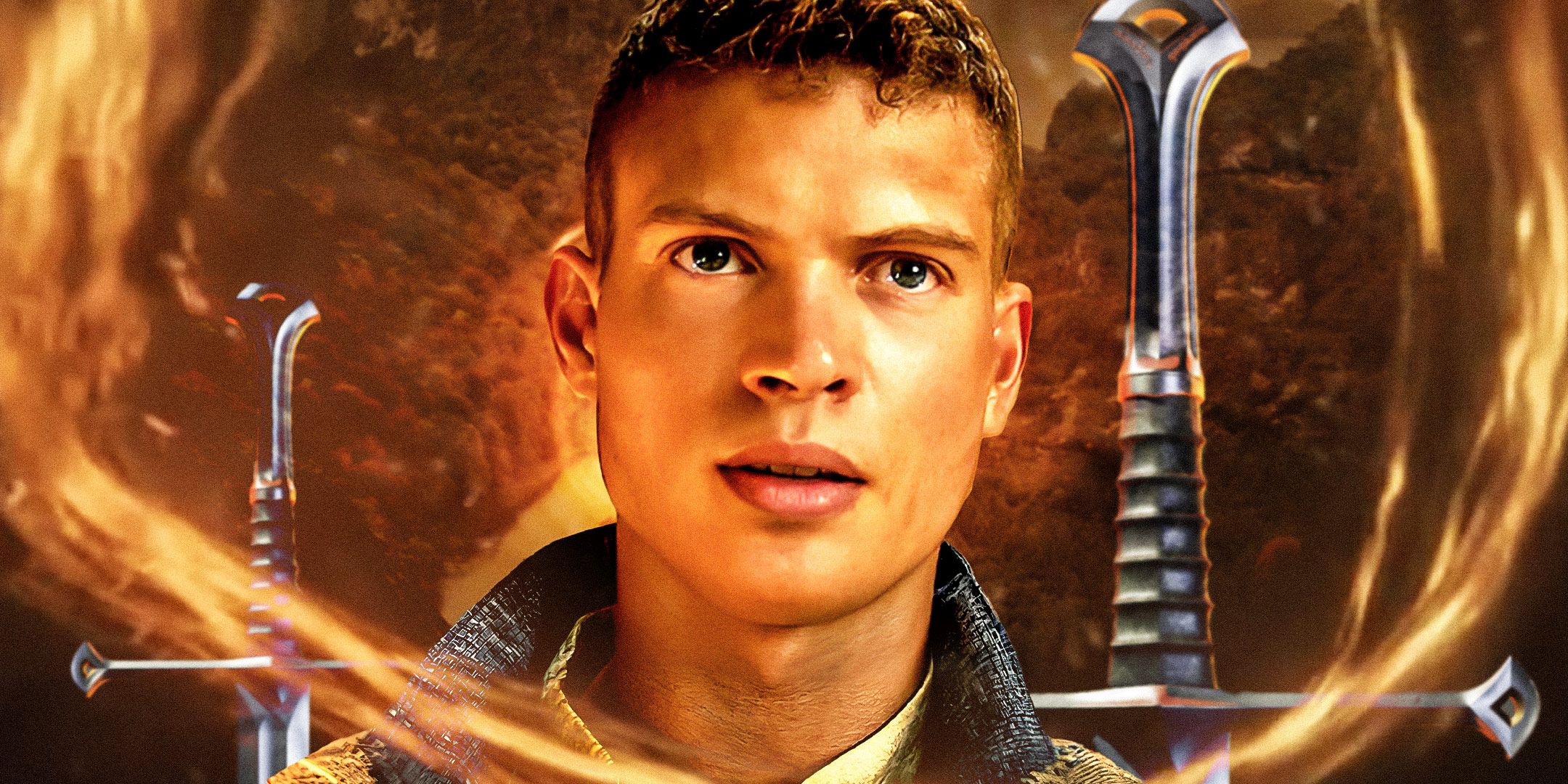 Rand al&rsquo;Thor wreathed by golden strands of power and two swords on either side