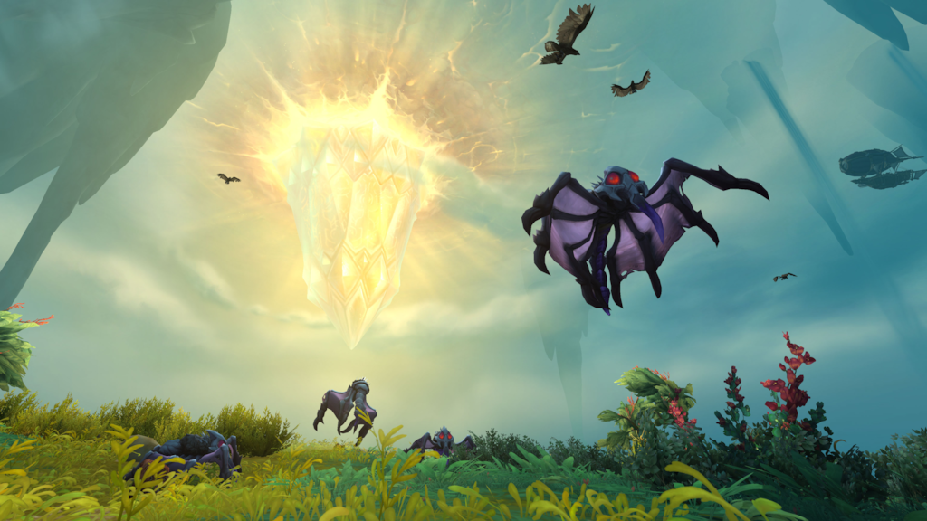 World of Warcraft The War Within Nightfall enemies in a field with a large gem in the sky