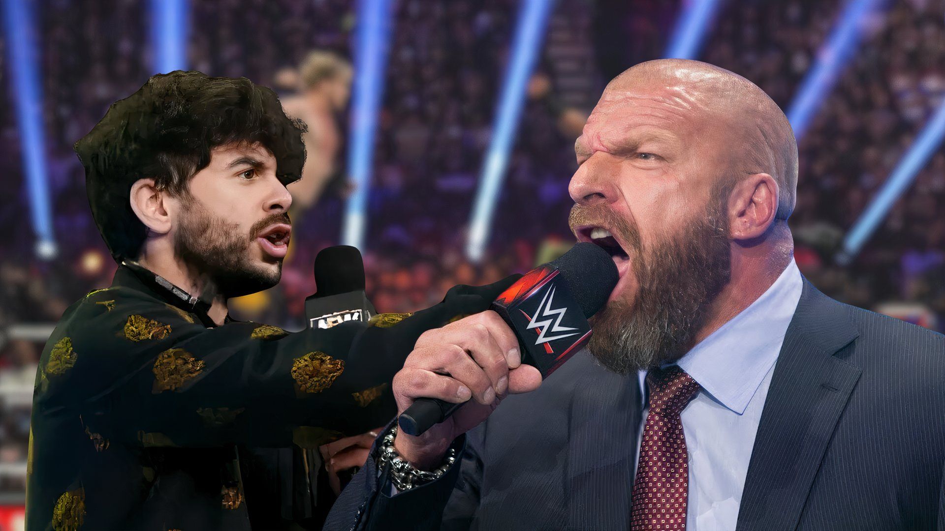 Tony Khan and Triple H shouting on the microphone