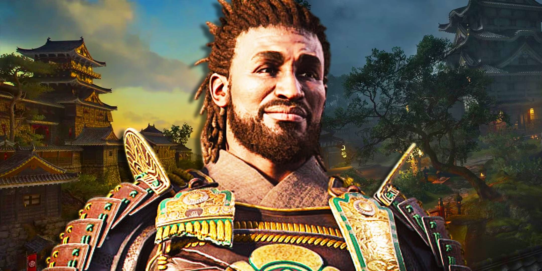 Yasuke de Assassin's Creed Shadows sonriendo con castillos detrás de él.
