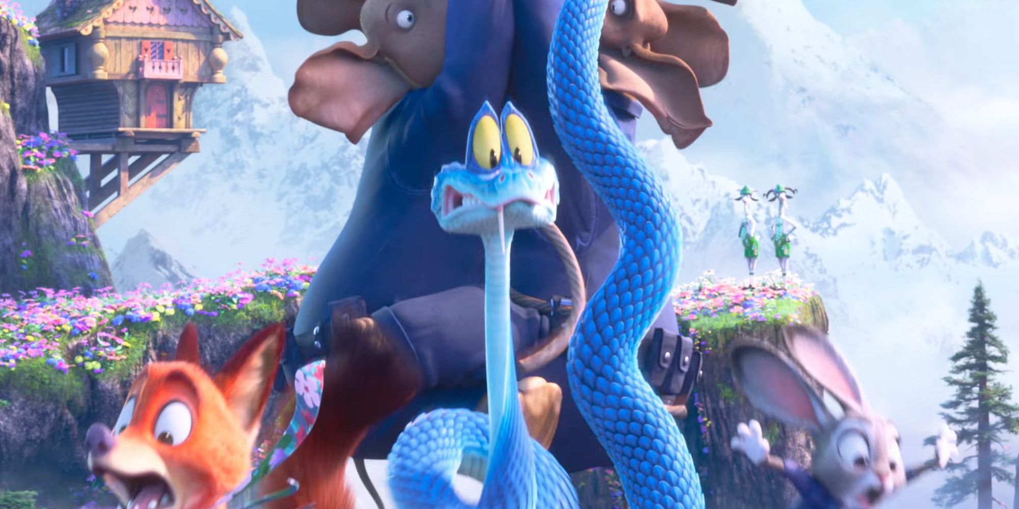Zootopia 2 snake action scene, swinging against mountains 