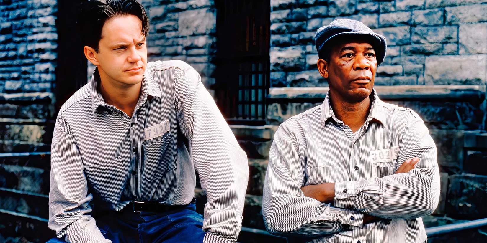 Tim Robbins as Andy Dufresne and Morgan Freeman as Red in The Shawshank Redemption