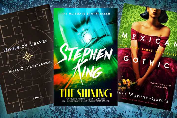 The covers of House of Leaves, The Shining, and Mexican Gothic