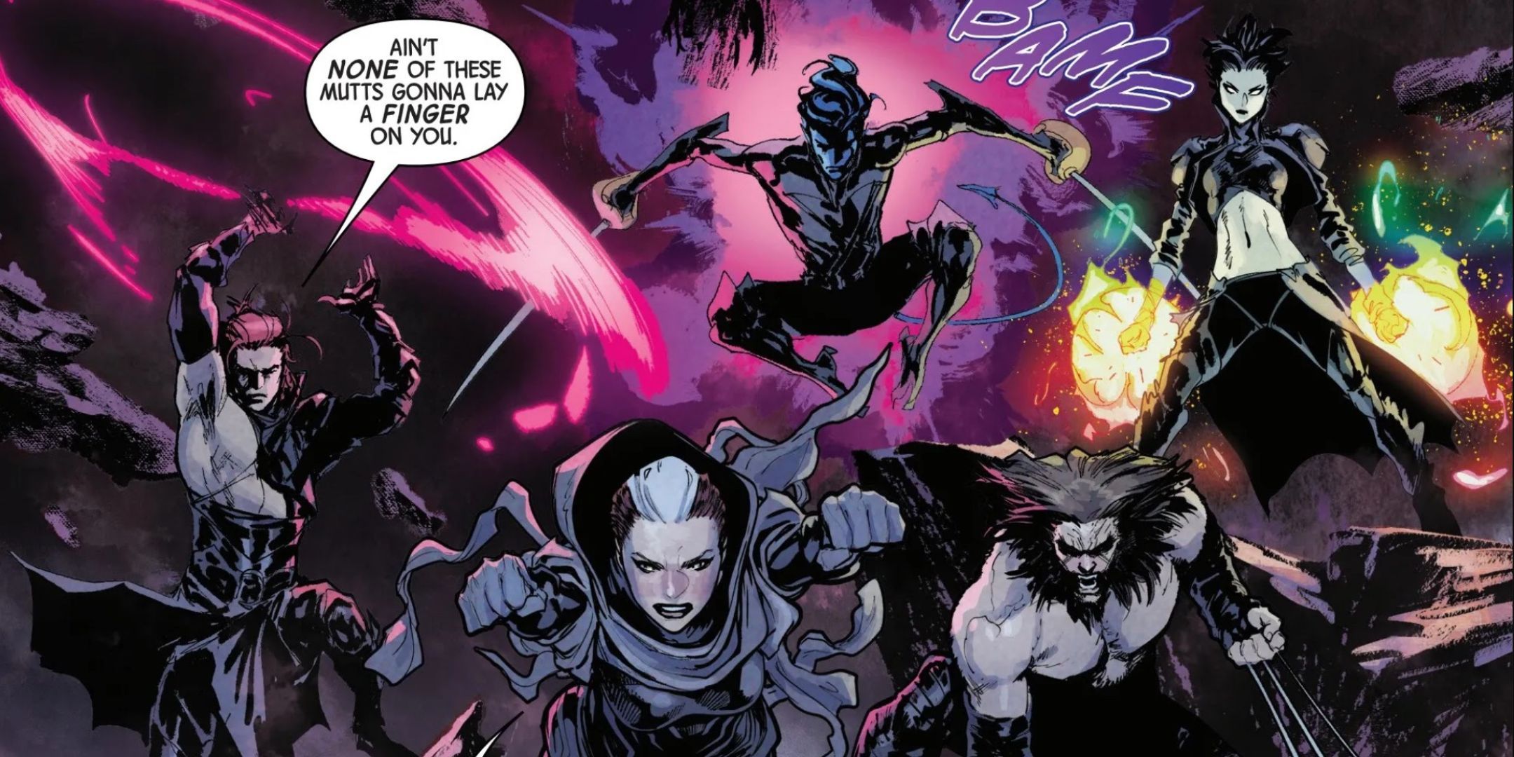 X-Men Gambit, Rogue, Nightcrawler, Wolverine, and Jubilee in new dark costumes