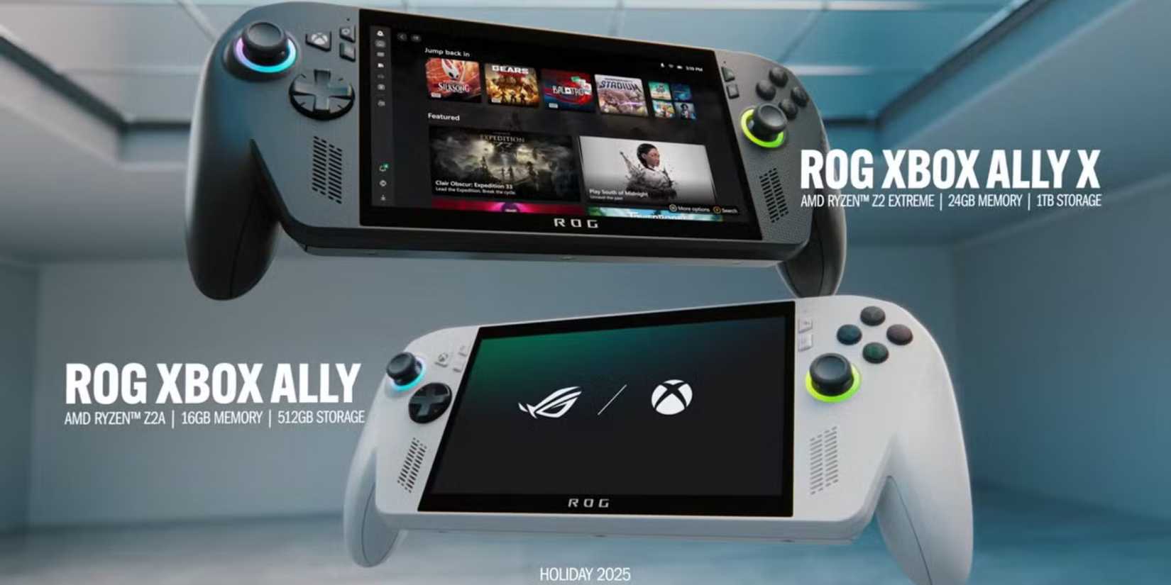 The ROG Xbox Ally and ROG Xbox Ally X Handheld Consoles floating in a room.