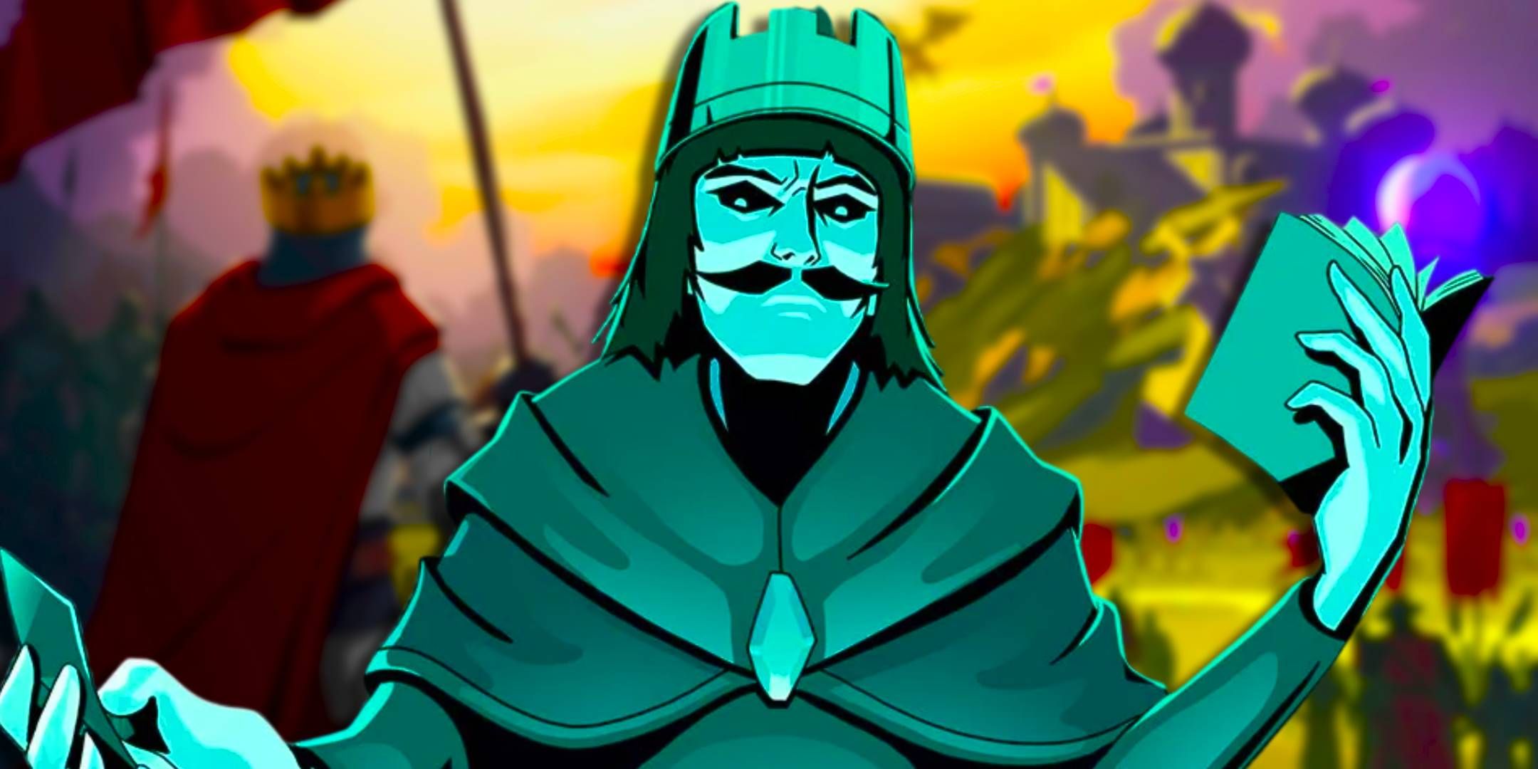 A character from 9 Kings wearing a crown and holding a book in front of the game's key art.