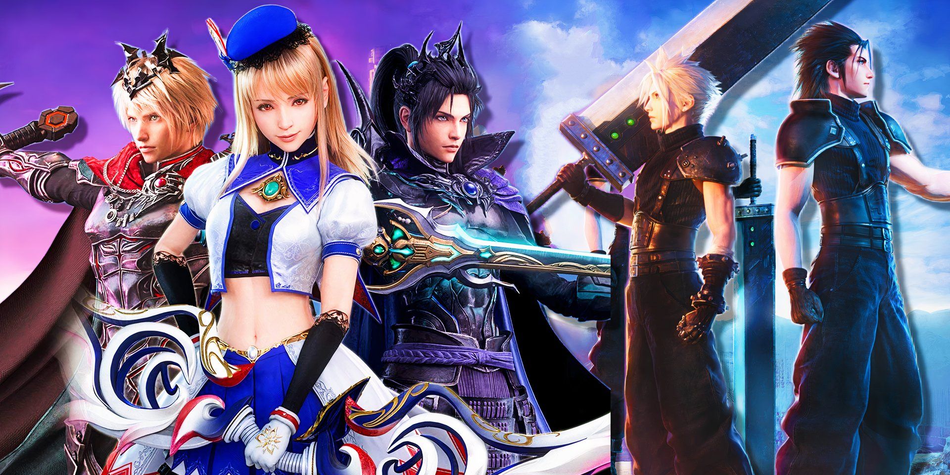 A collage featuring characters from Brave Exvius and Ever Crisis in front of a blue and purple sky.