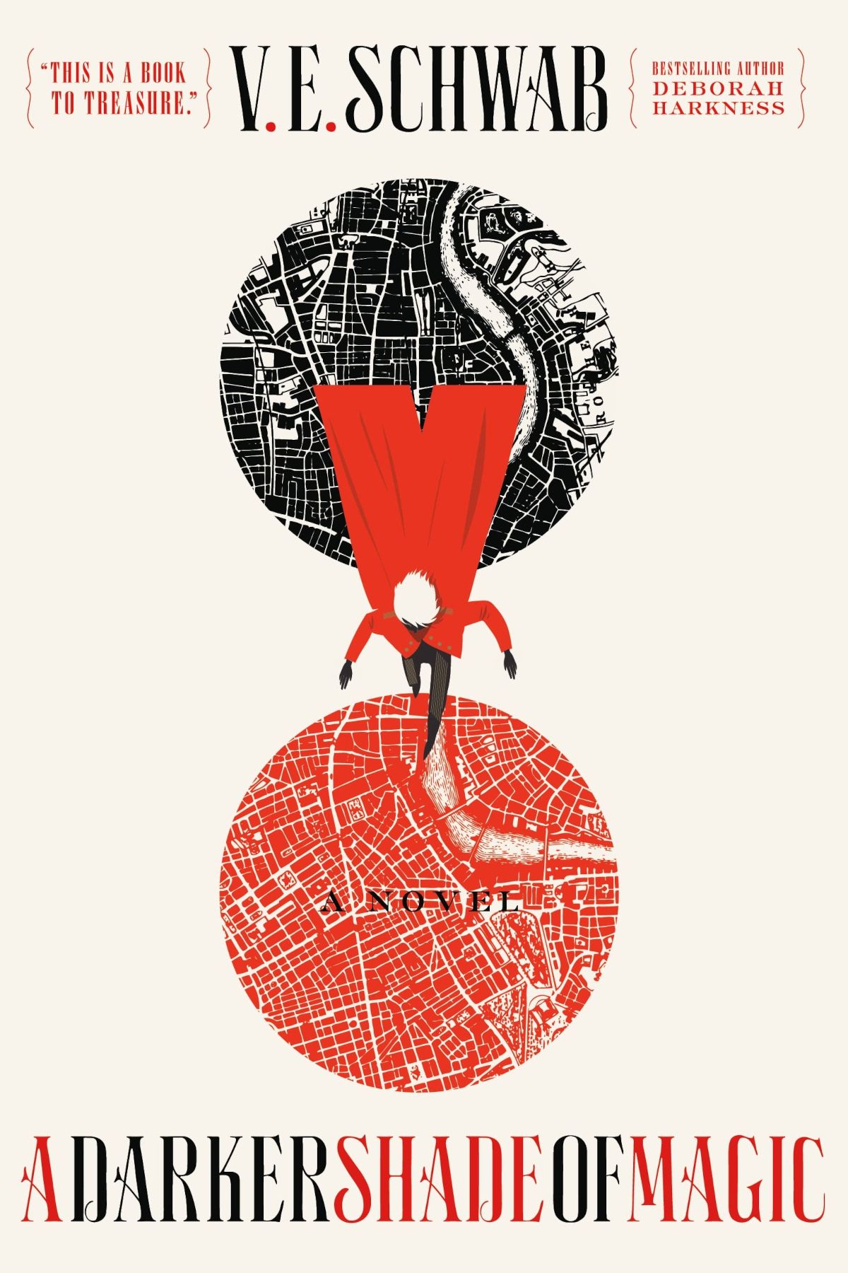 A Darker Shade of Magic cover featuring a man in a red coat walking from a black circle to a red one