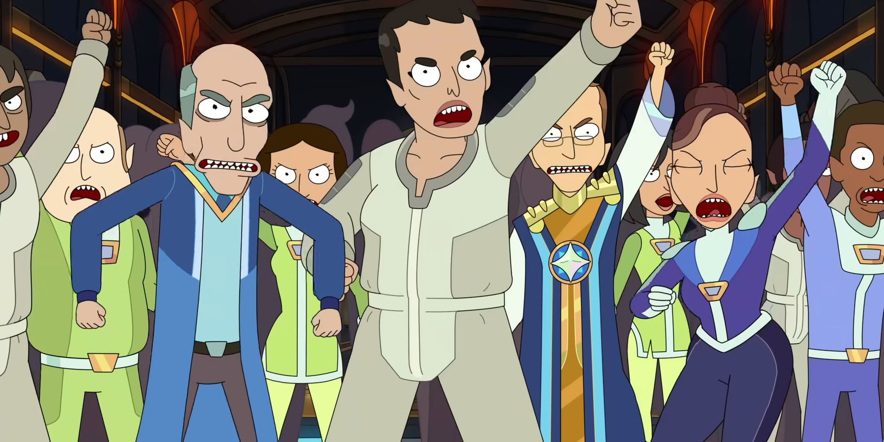 A group of angry people starting an uprising in Rick and Morty season 8