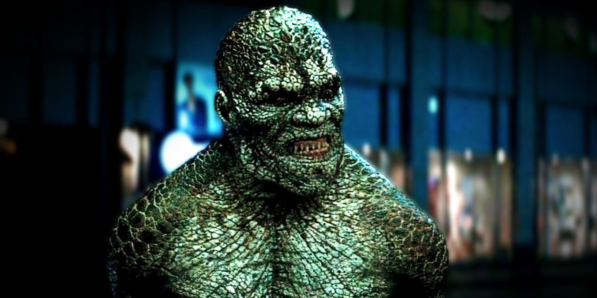 Adewale Akinnuoye-Agbaje's Killer Croc shows off his teeth and scaly skin in David Ayer's Suicide Squad