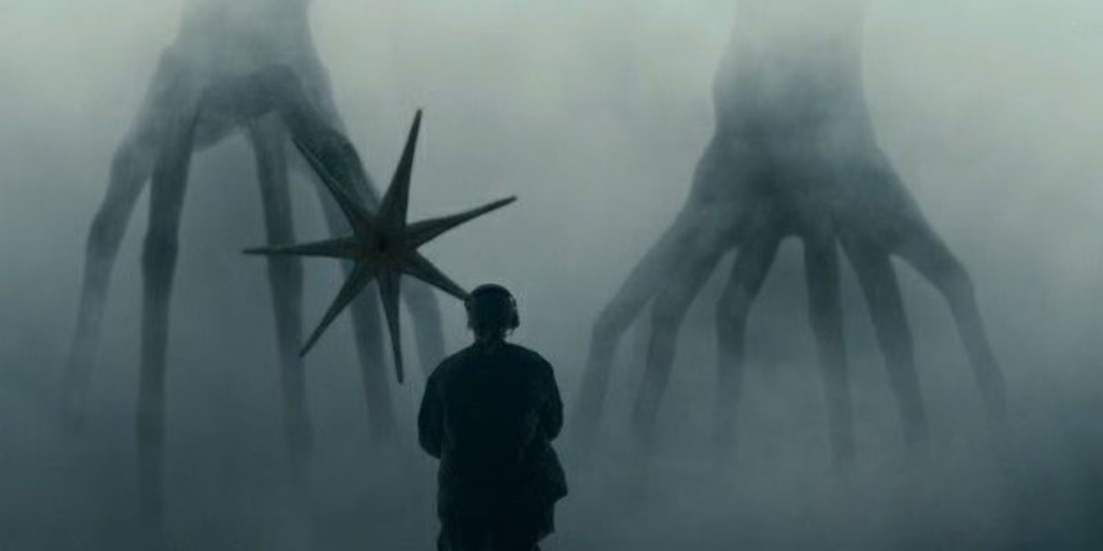 A soldier looking at the aliens in Arrival