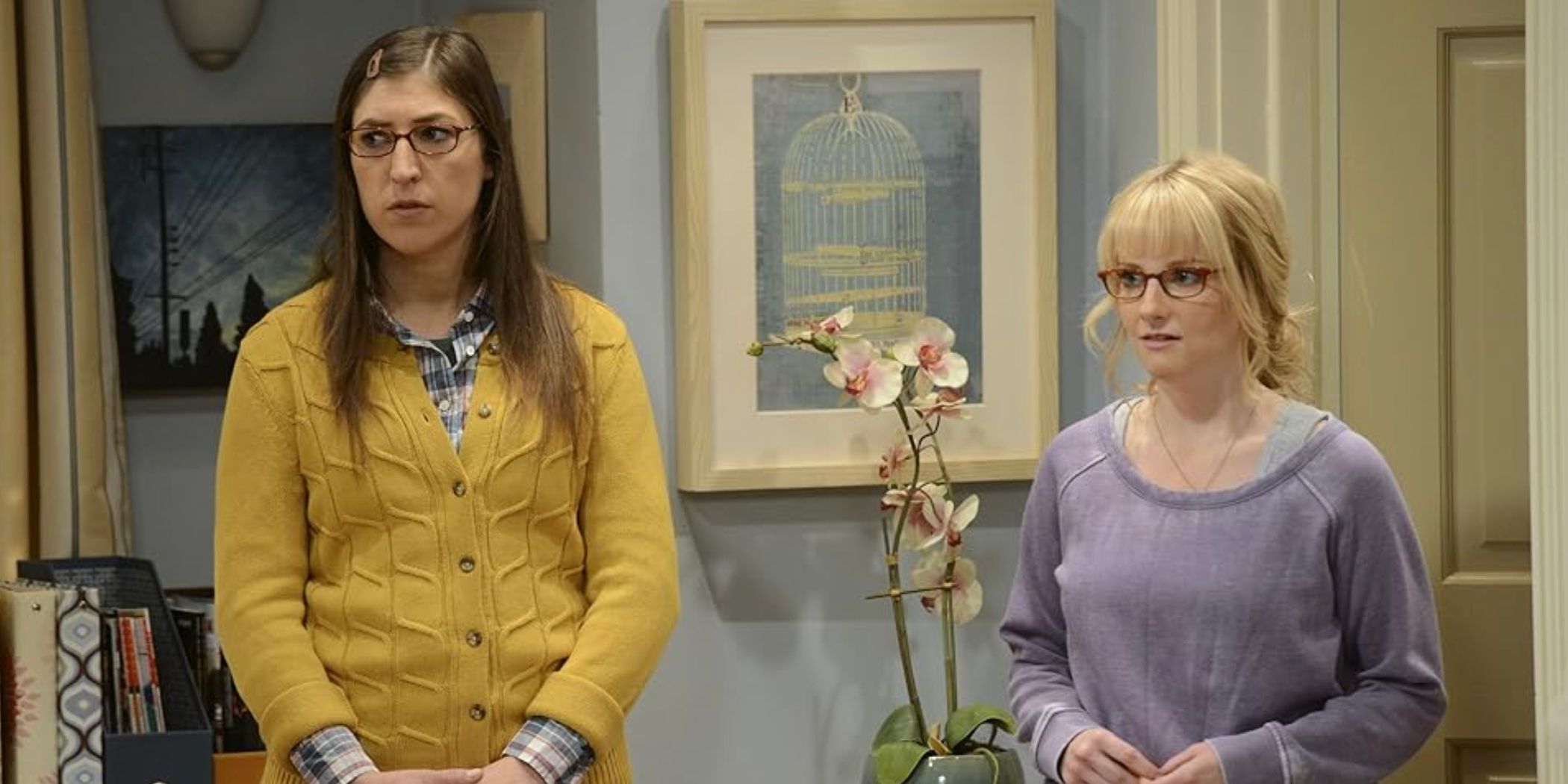 Amy and Bernadette looking worried in The Stag Convergence in The Big Bang Theory