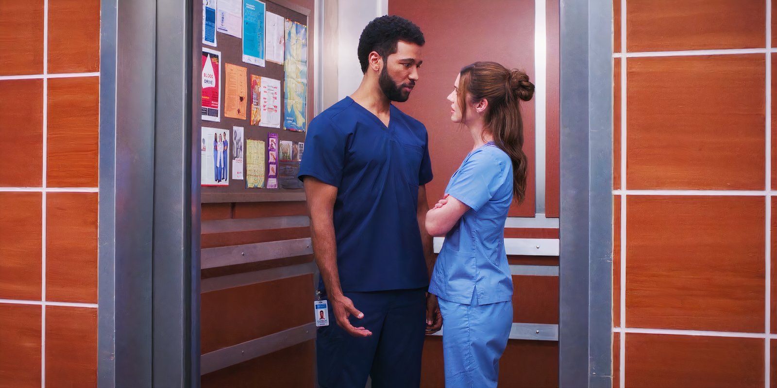 Anthony Hill as Winston Ndugu and Adelaide Kane as Jules Millin in Grey's Anatomy season 21 episode 18