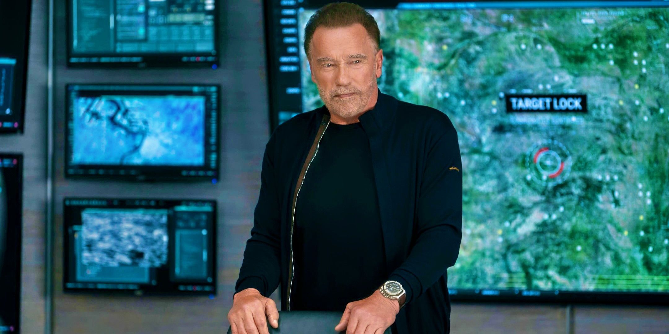 Arnold Schwarzenegger as Luke in front of a mission screen in FUBAR season 2