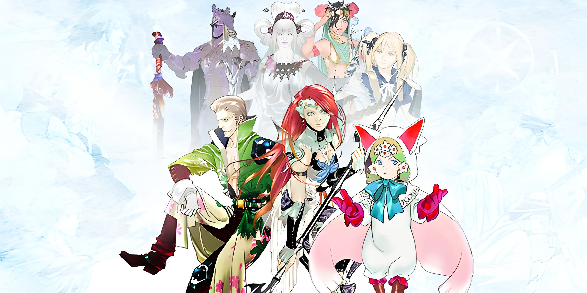 Art from Final Fantasy Dimensions shows a group of characters in various poses with a foggy background.