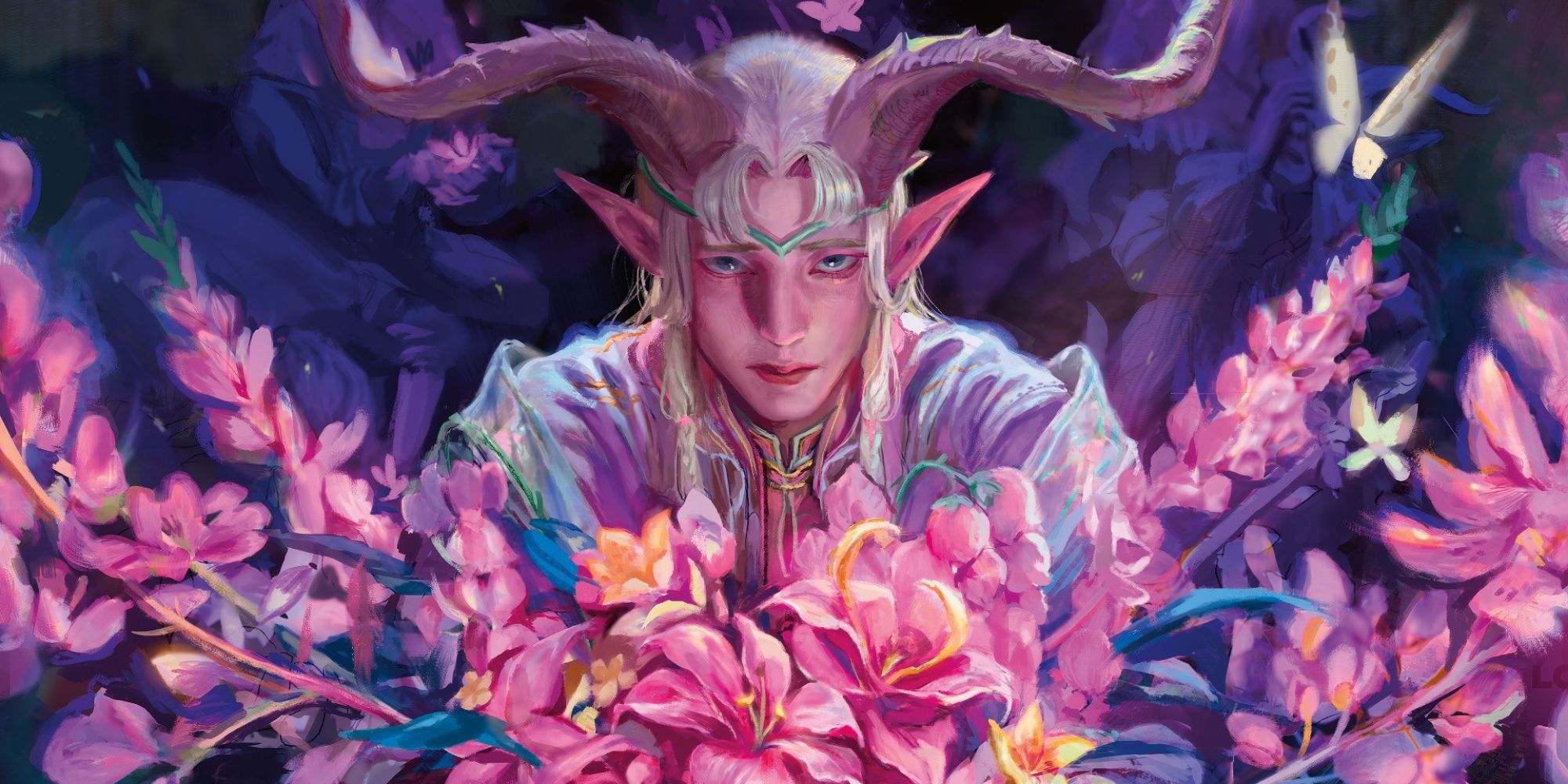Art of an elf with flowers by Evyn Fong for Magic The Gathering's Lorwyn Eclipsed set