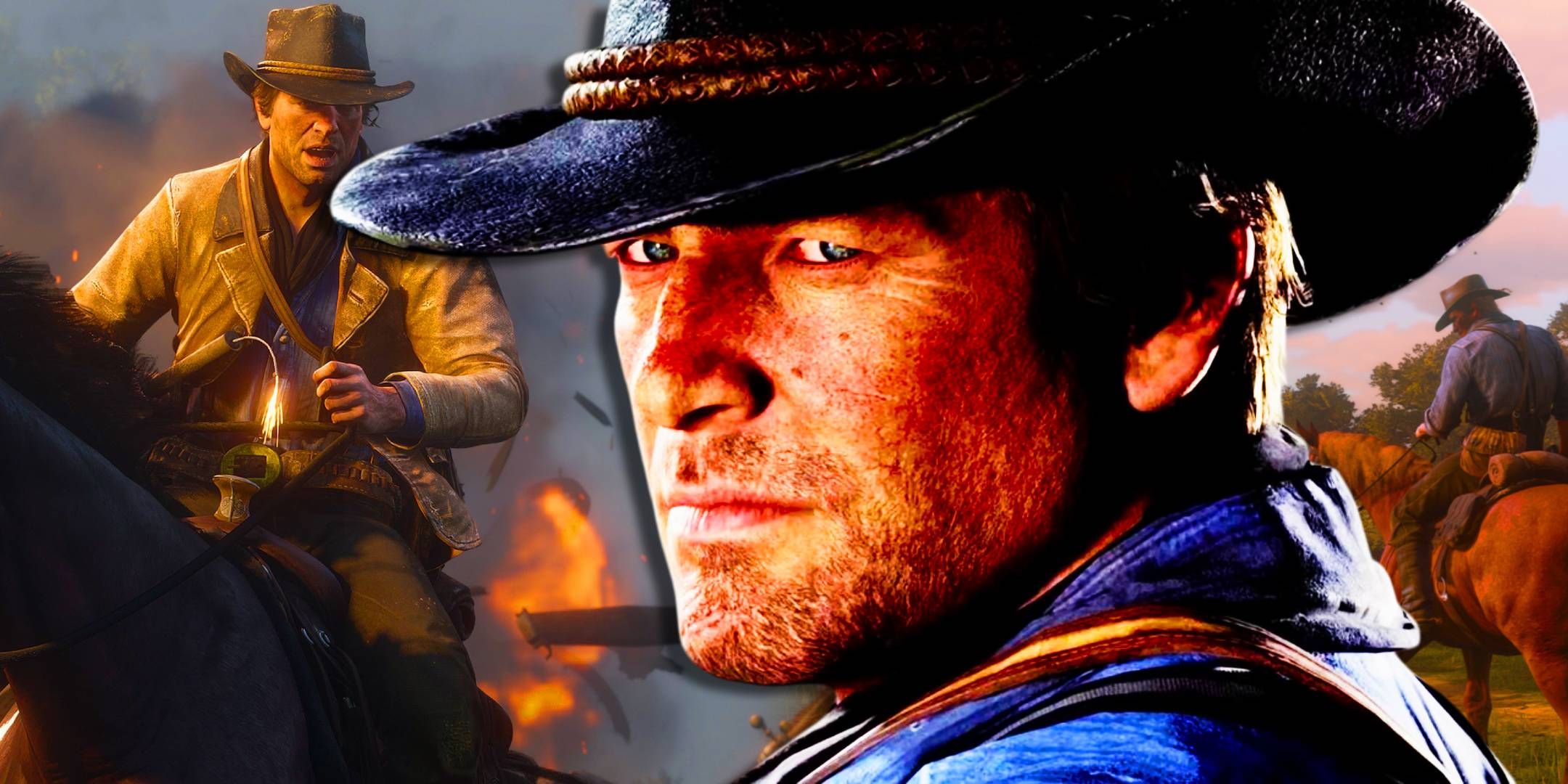 Arthur Morgan from Red Dead Redemption 2 looking stern with gameplay behind him.