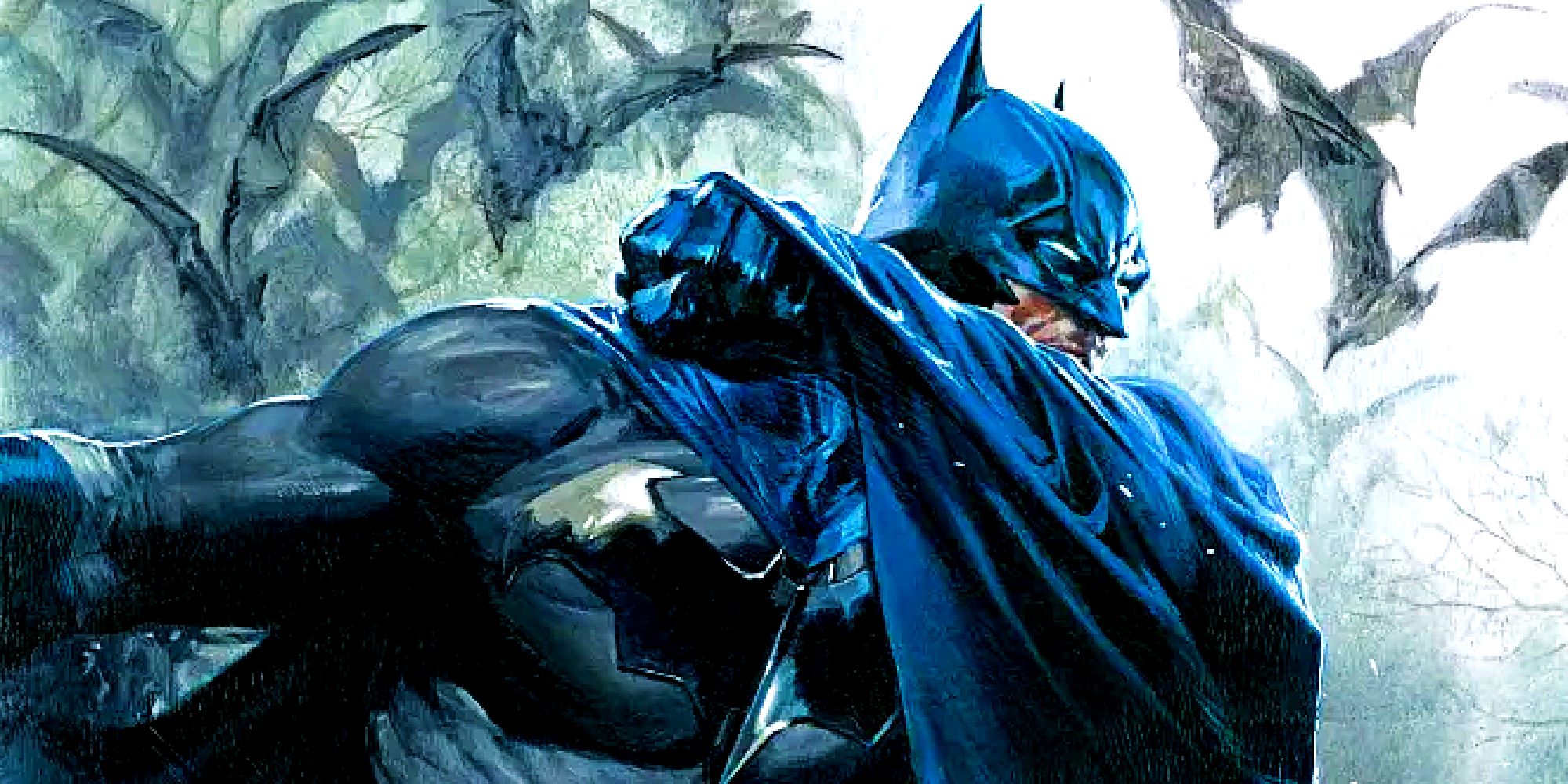 Batman covers his body with his blue cowl while surrounded by flying bats in DC Comics