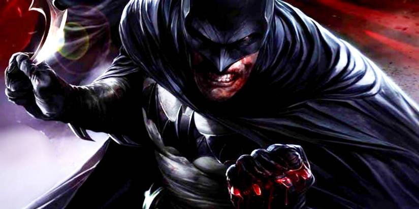 Batman suja as mãos com sangue e empunha um Batarang