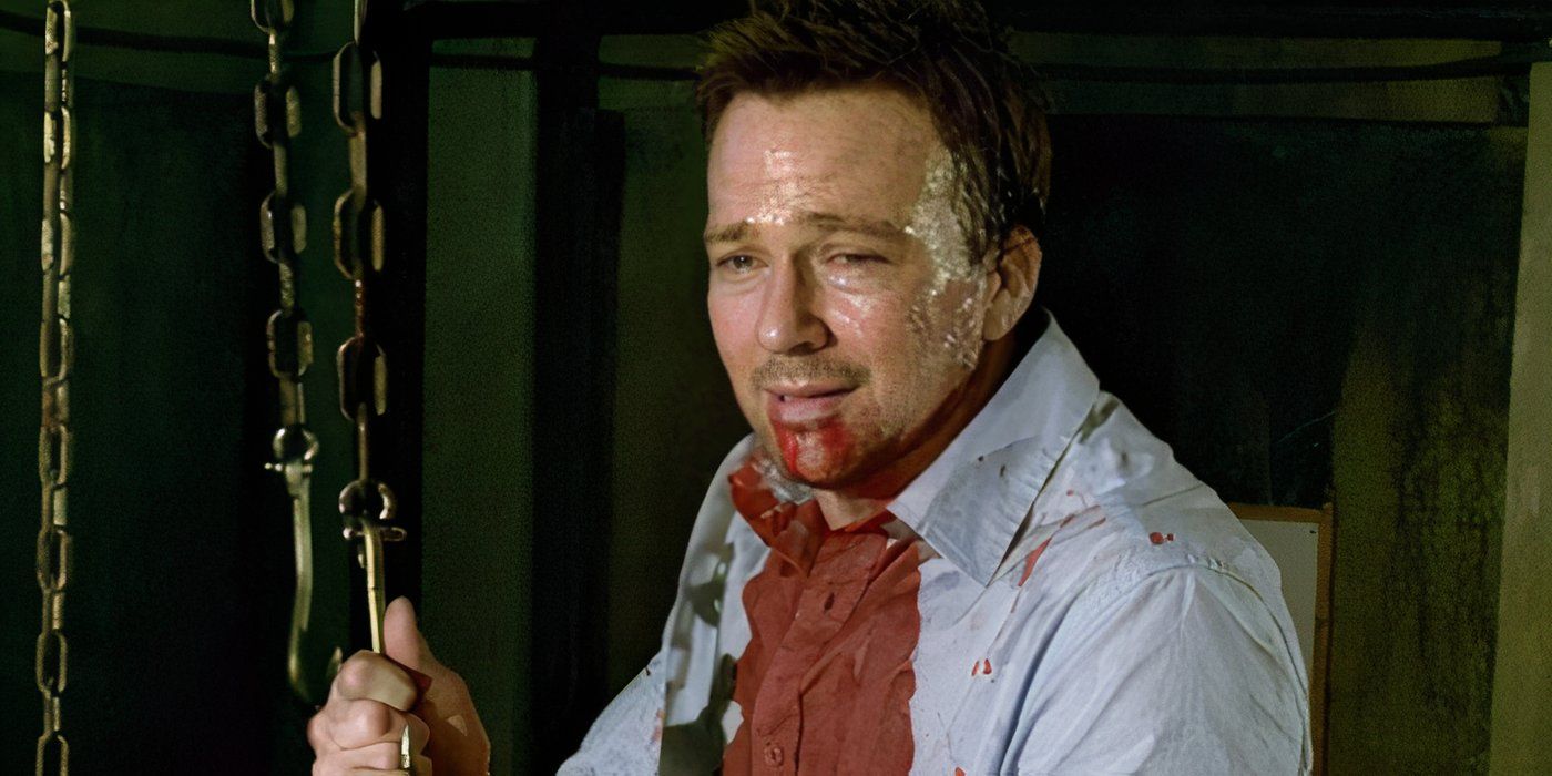 Bloodied Bobby Dagen looking scared in Saw 3D