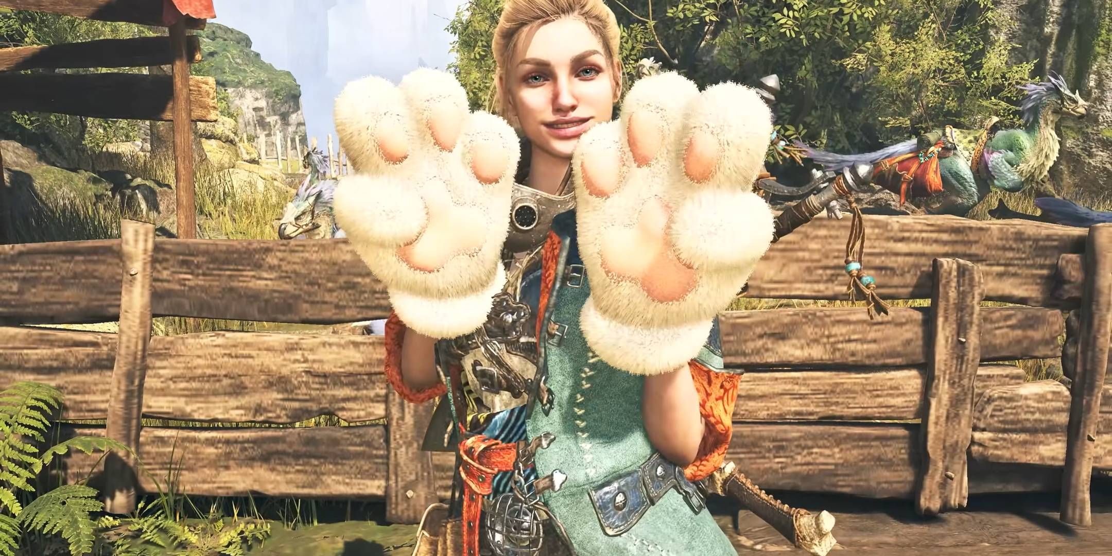 A Monster Hunter Wilds player with cat paw gloves.