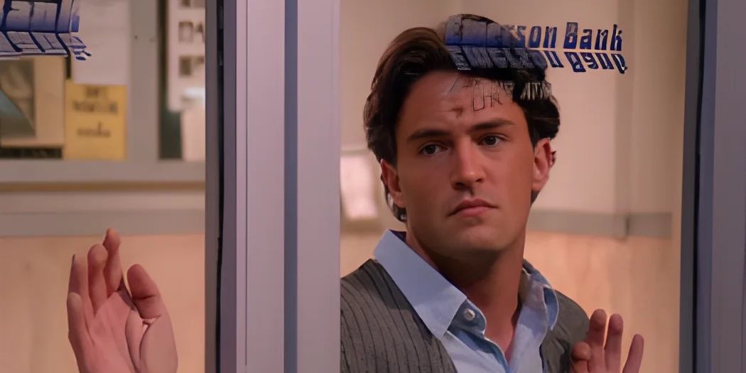 Chandler press against glass of vestibule in Friends