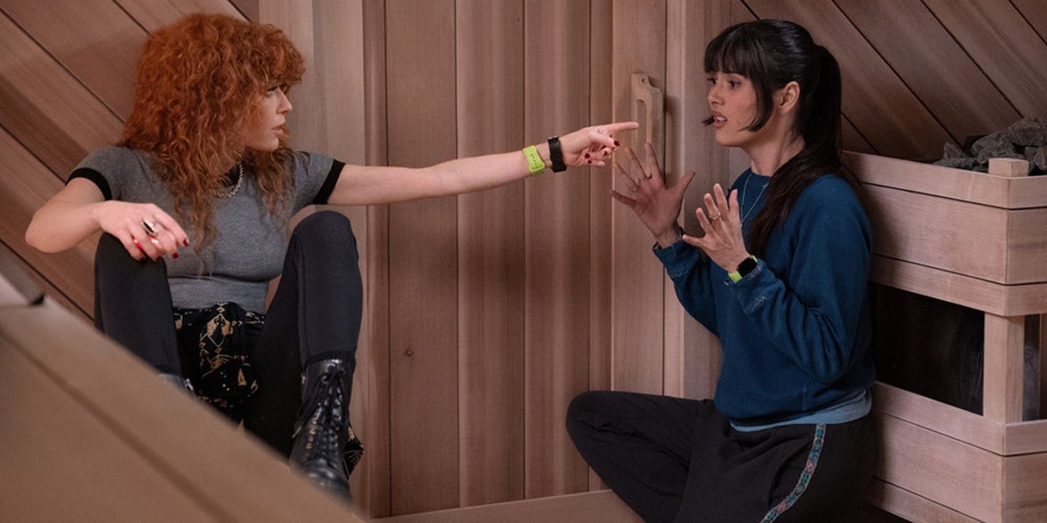 Charlie and Alex in a sauna in Poker Face