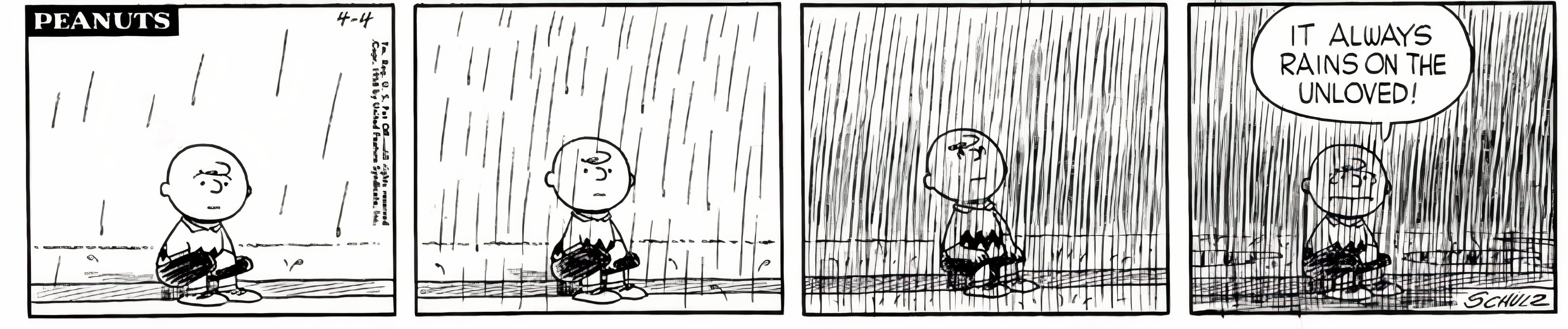 Charlie Brown lamentandosi sotto la pioggia