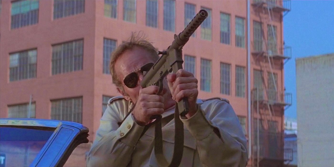 Charlton Heston as Neville firing a gun in The Omega Man