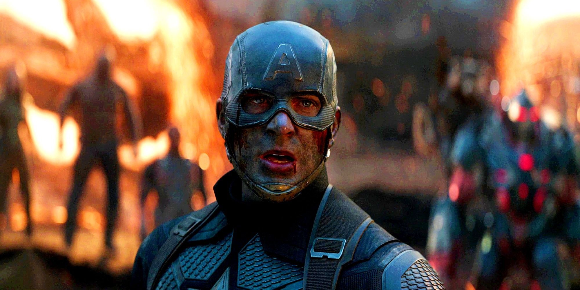 Chris Evans as Captain America standing in front of the gathering Avengers army in Avengers: Endgame