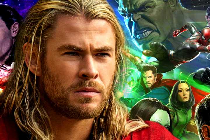 Chris Hemsworth's Thor looks into the distance while the Infinity War Avengers assemble in space
