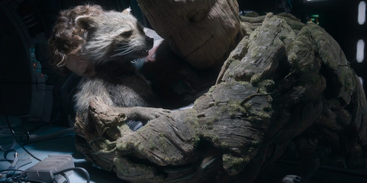 Chris Pratt's Star-Lord and Groot hug Rocket after he survives in Guardians of the Galaxy Vol. 3 (2024)