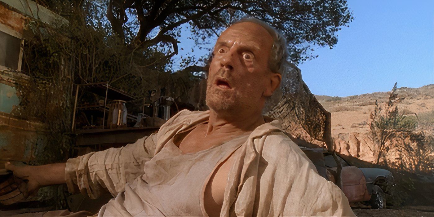Christopher Lloyd dirty and looking shocked in Tremors TV series