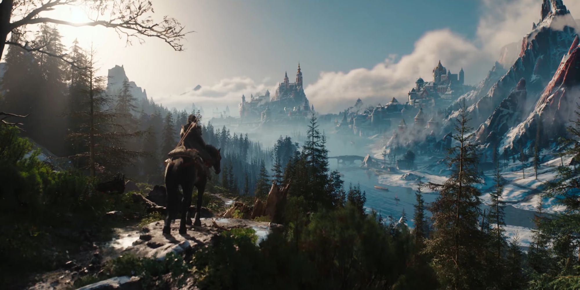 Ciri riding Kelpie along a mountain ridge, looking at a set of snowy peaks in the distance in a screenshot from The Witcher 4.