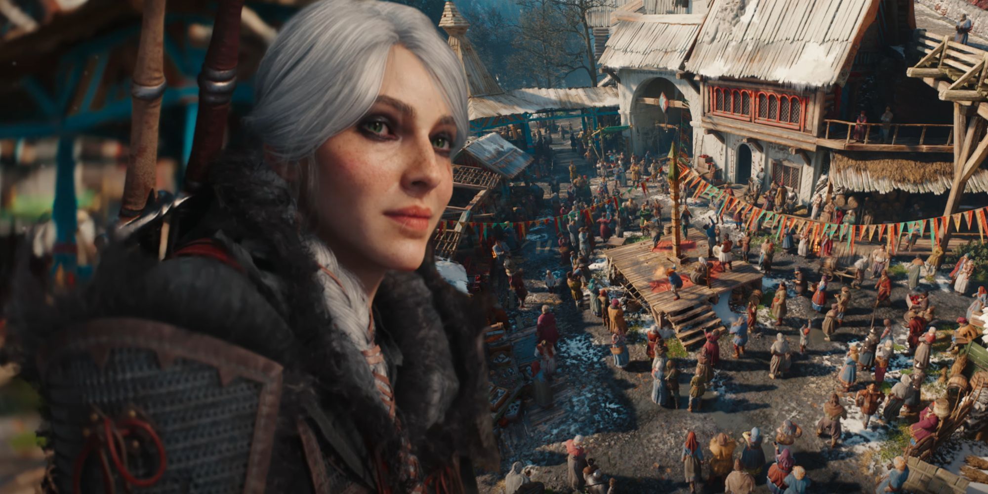 Ciri smiling over an image of a crowd in The Witcher 4's tech demo