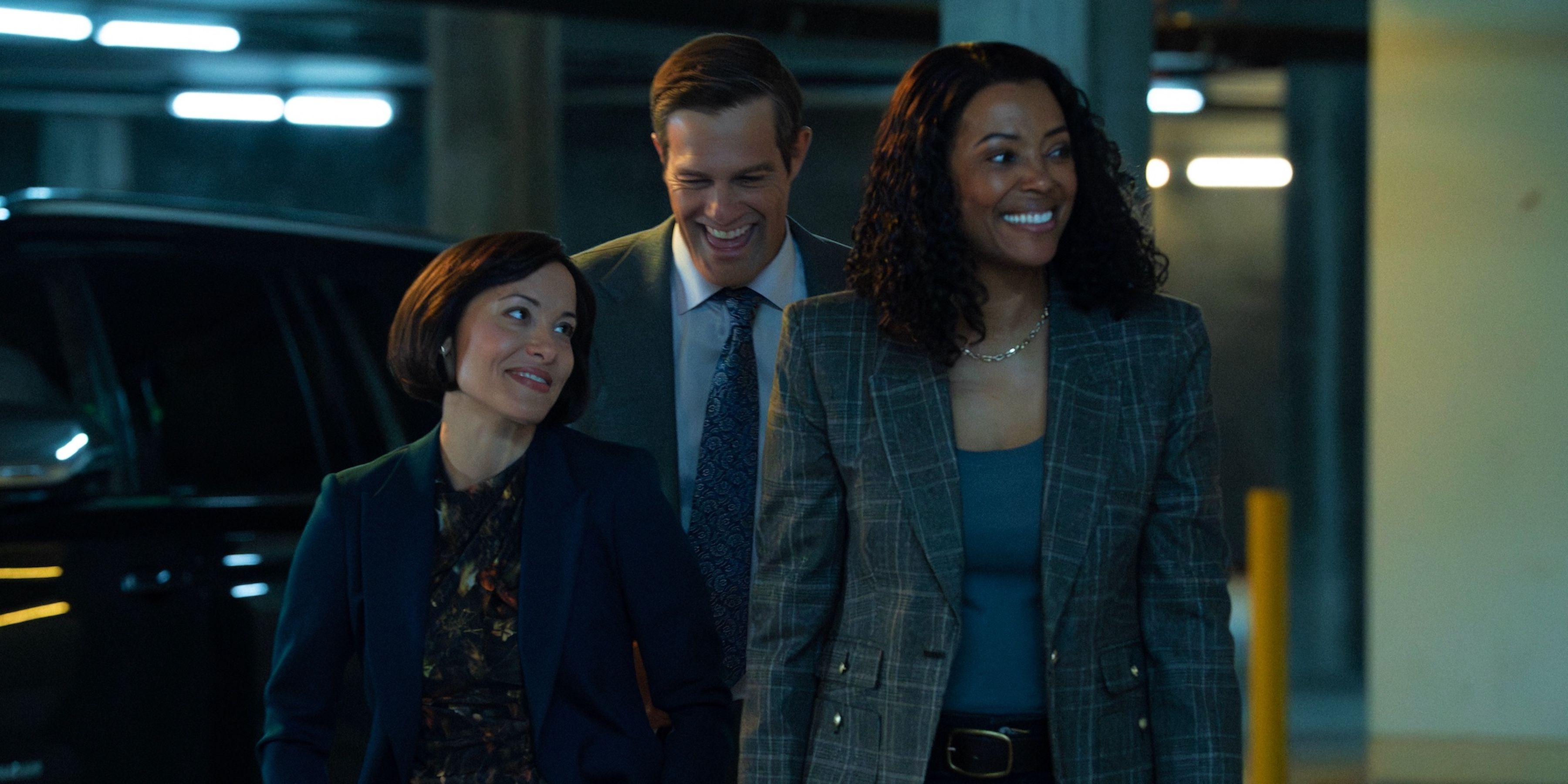 Nicole Pacent as Rebecca, Geoff Stults as Evan, and Aisha Tyler as Tara Lewis in Criminal Minds: Evolution season 3, episode 7.