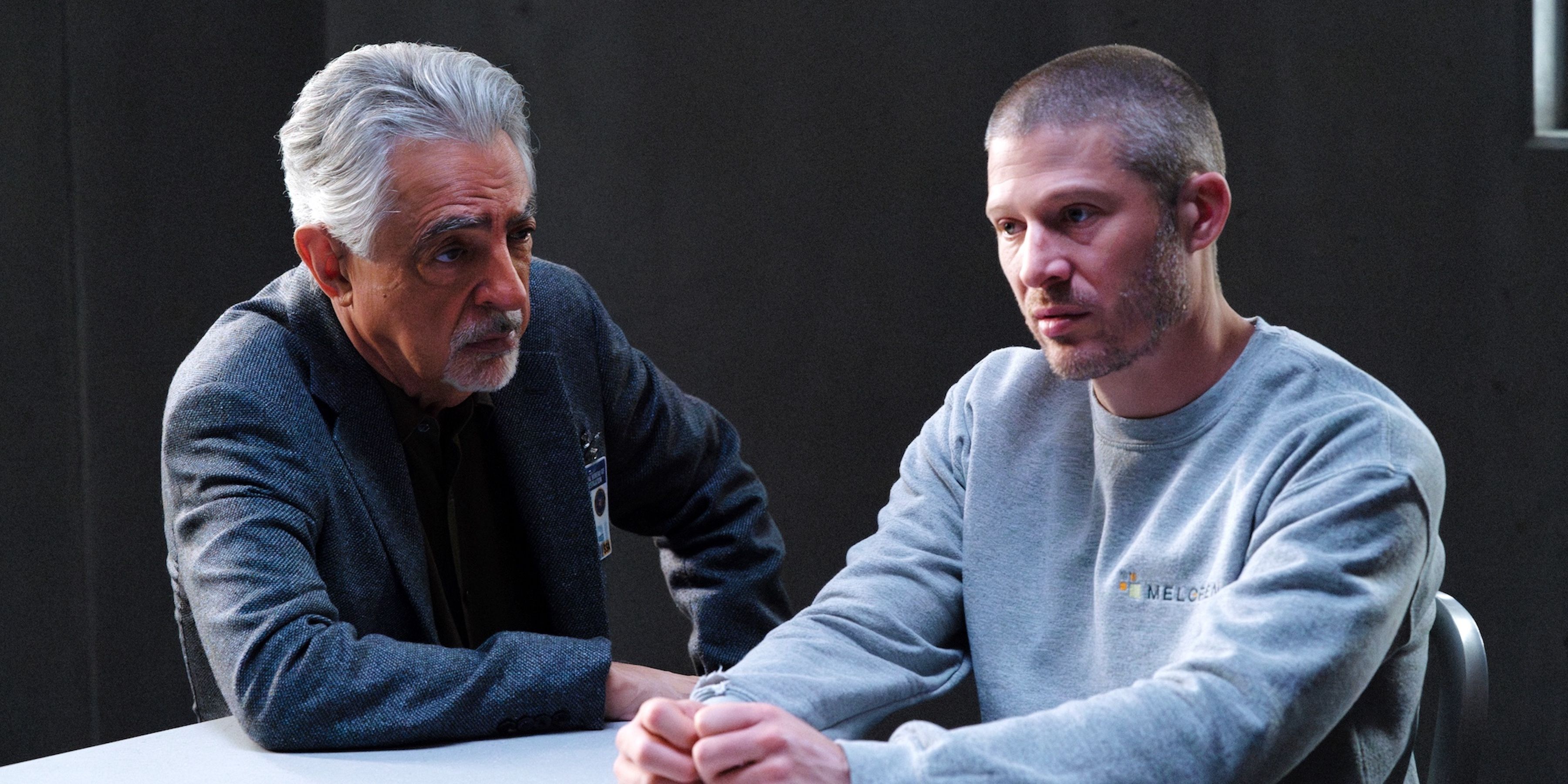 Joe Mantegna as David Rossi and Zach Gilford as Elias Voit in Criminal Minds: Evolution season 3, episode 9