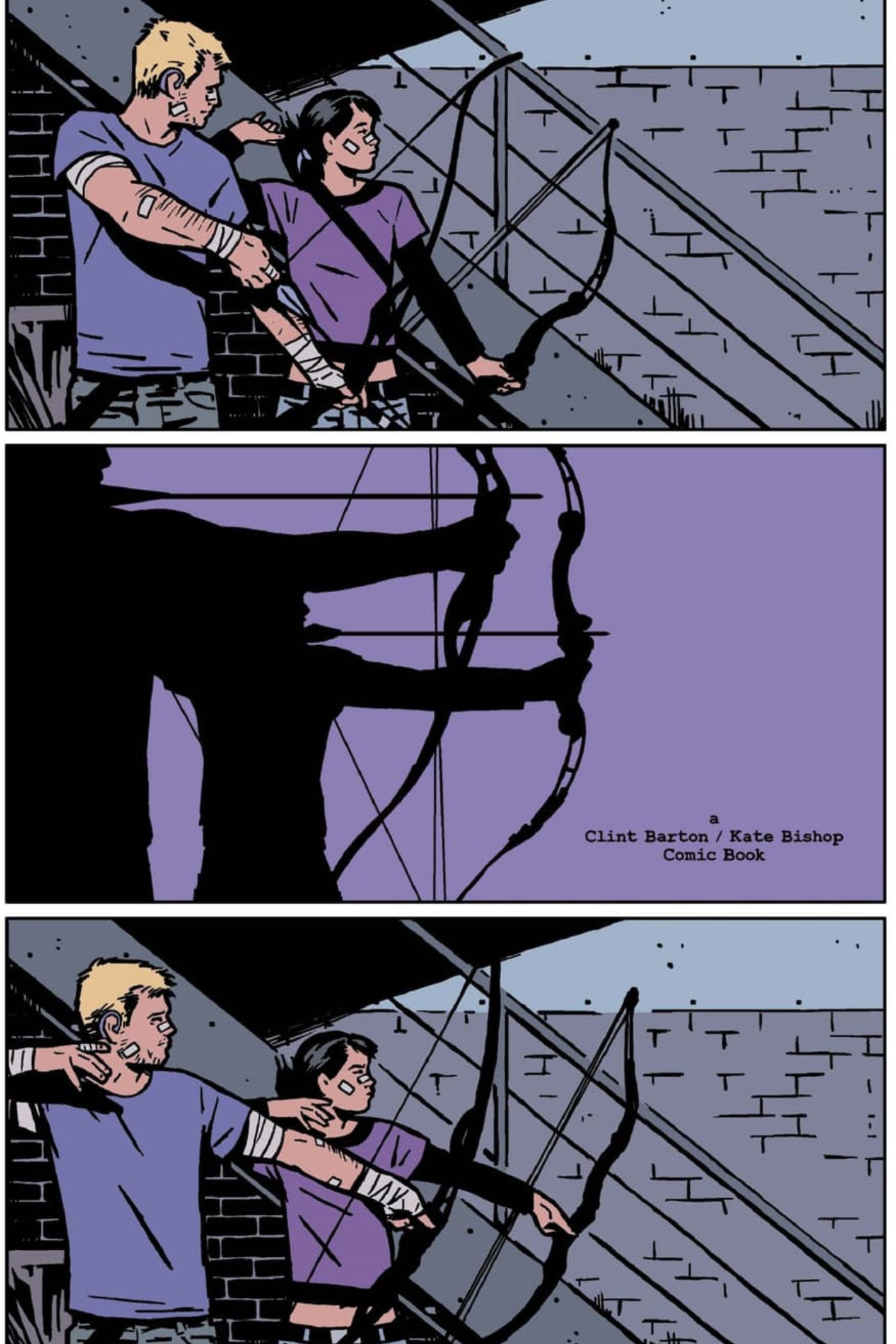 Pannello del fumetto Hawkeye con Clint Barton e Kate Bishop