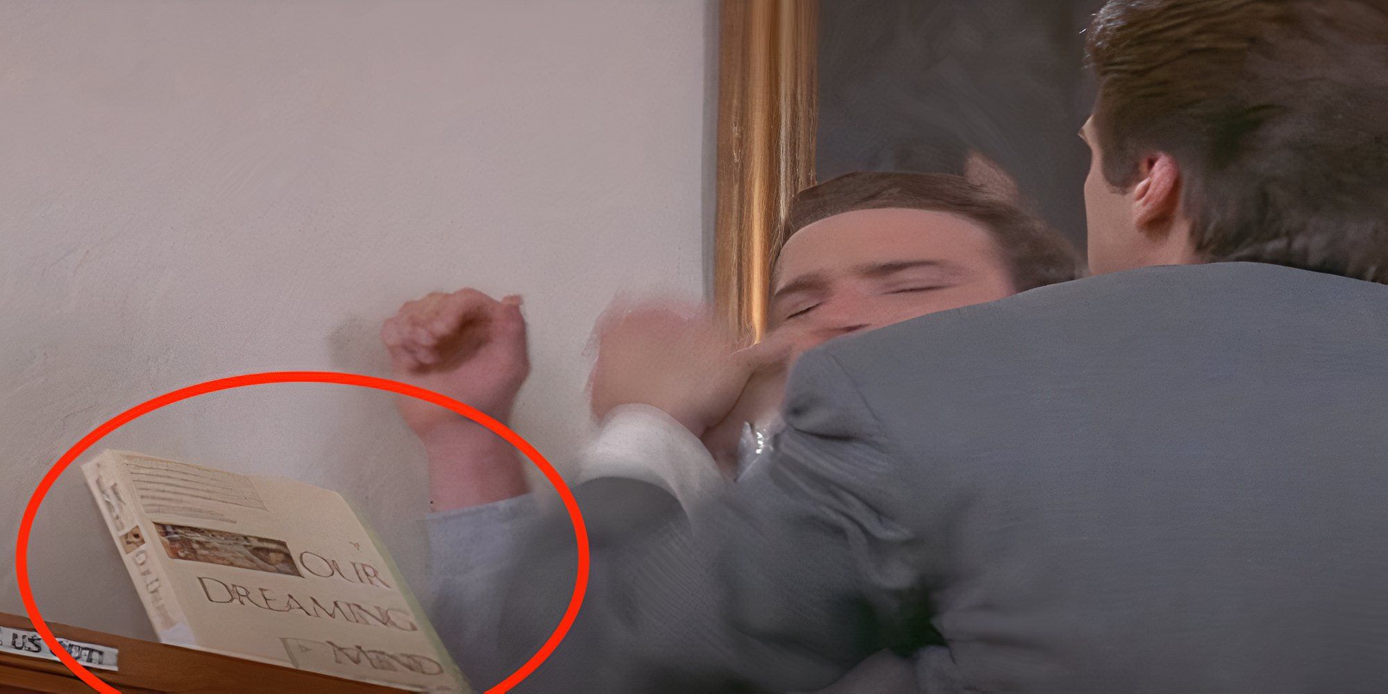 Cotton getting arrested in Scream II with a red circle around the book Our Dreaming Mind