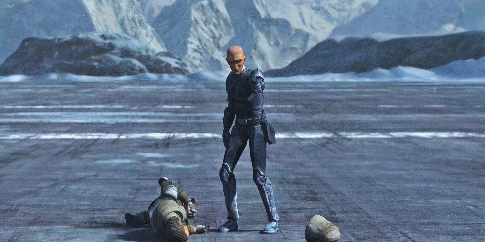 Crosshair aims his blaster pistol at Lieutenant Nolan, who's since fallen out of frame, as a ᴅᴇᴀᴅ Commander Mayday lays beside him.