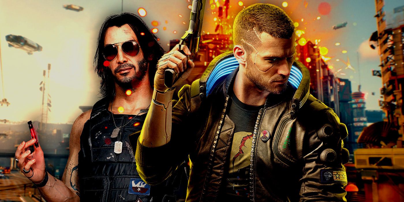 V from Cyberpunk 2077 holding a pistol with Johnny Silverhand behind him against a backdrop of Night City,
