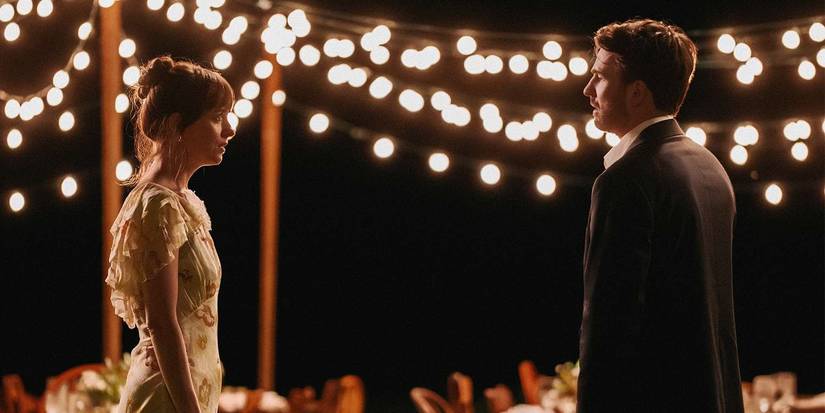 Dakota Johnson And Chris Evans Standing Outside A Wedding In Materialists