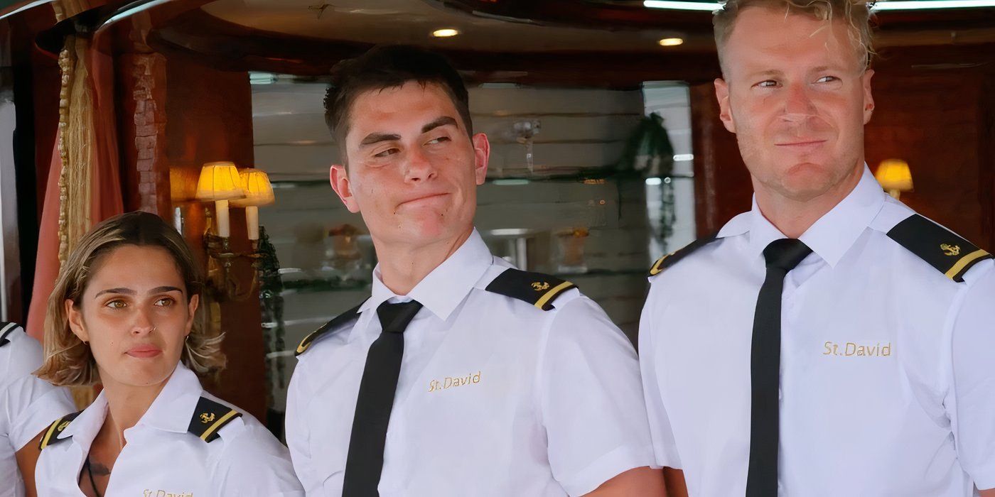 Damo Yorg in Below Deck with his crew mates in deckhand uniform