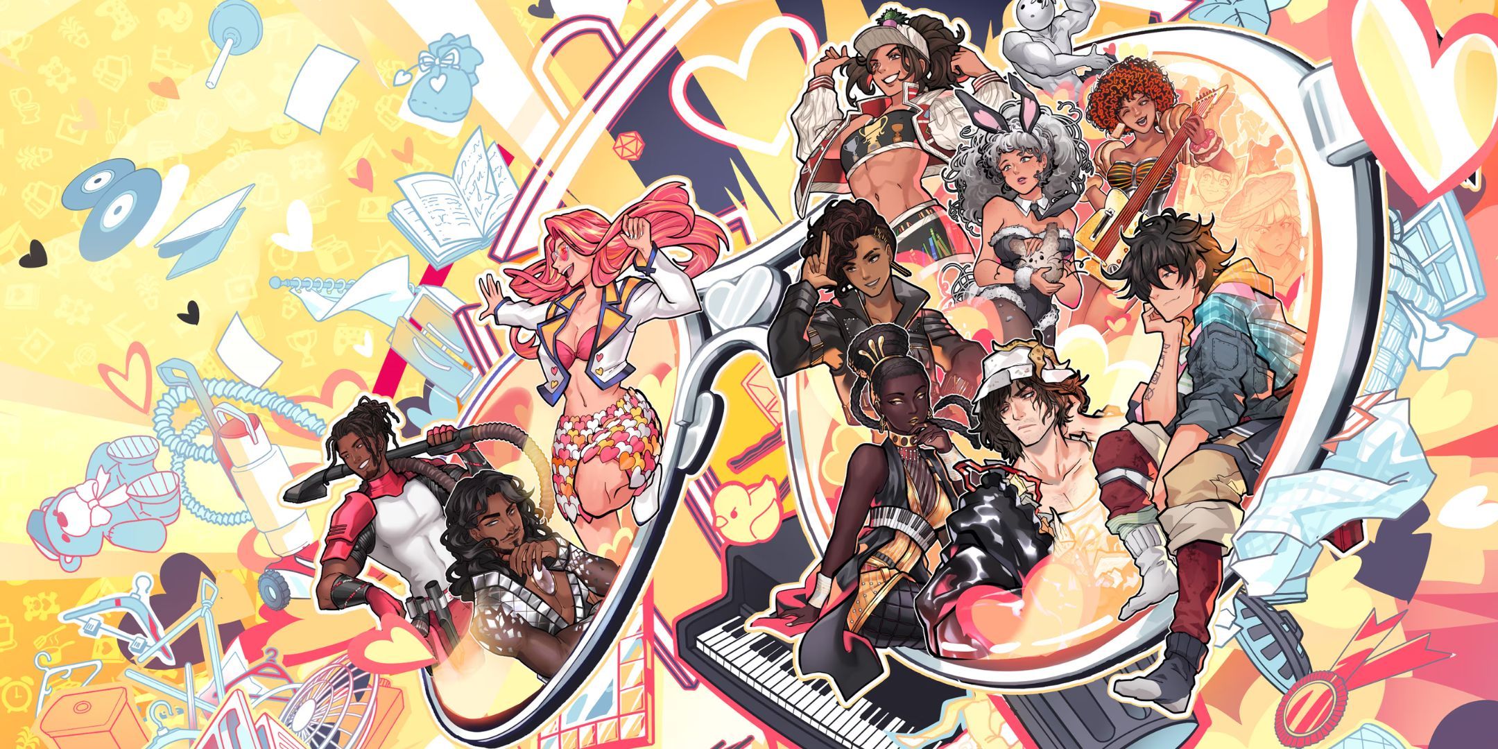 10 Top-Tier Dateables In Date Everything! Date Everything key artwork with characters coming out of a pair of glasses and household objects around